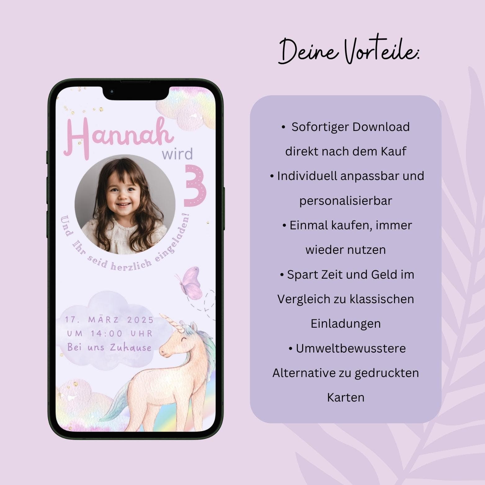 Digitale Einladung Kindergeburtstag Einhorn Regenbogen, personalisierbare Einladung WhatsApp, Geburtstag Mädchen rosa - image 4