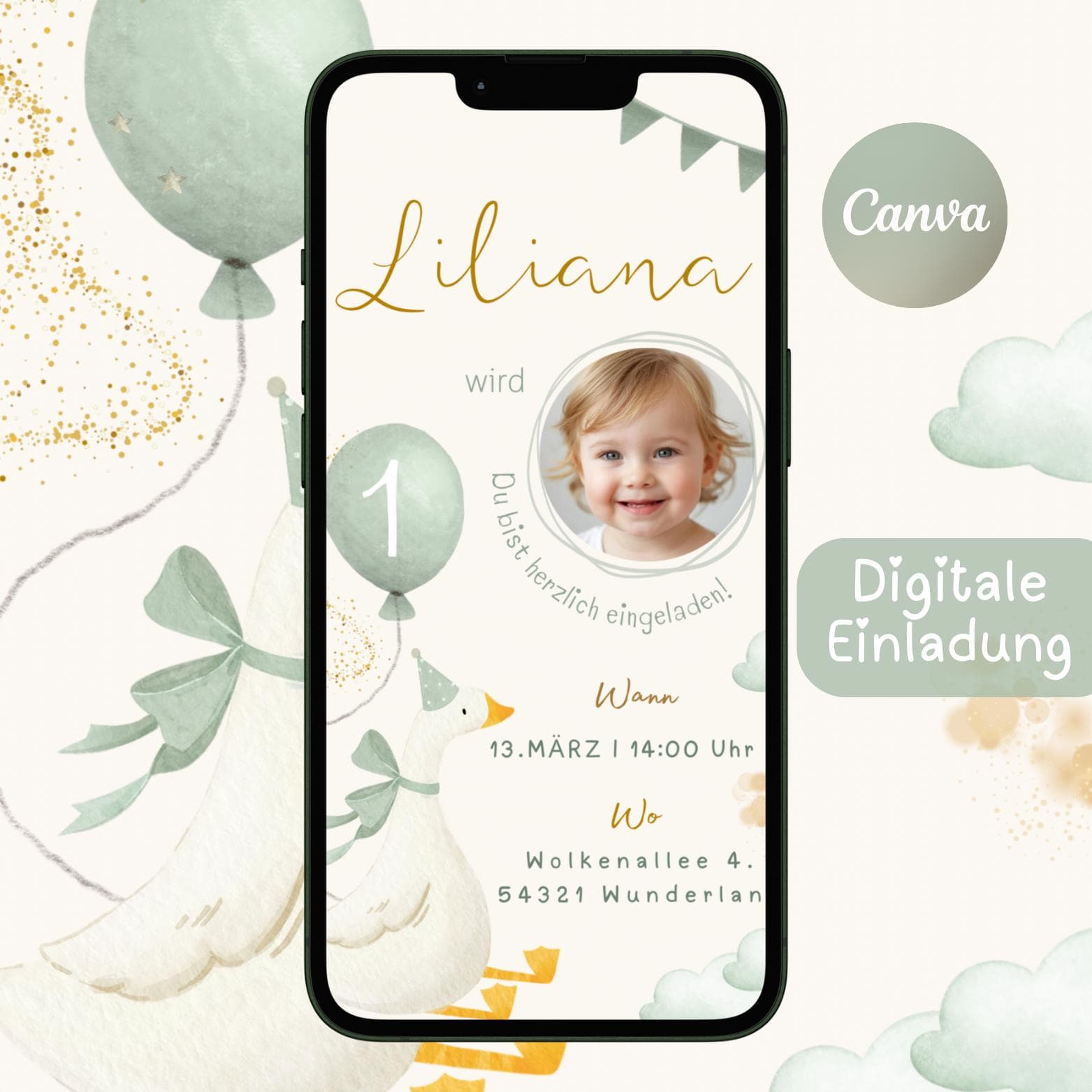 Einladung erster Geburtstag mit Foto, Gans Geburtstag, personalisierbare Einladung WhatsApp, ecard Kindergeburtstag