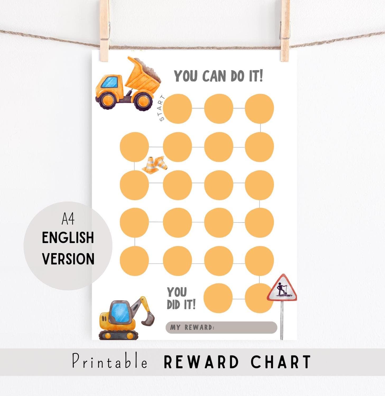 Excavator reward chart for kids, reward chart for toddlers, behavior chart kids, kids reward chart, preschool printables, potty training