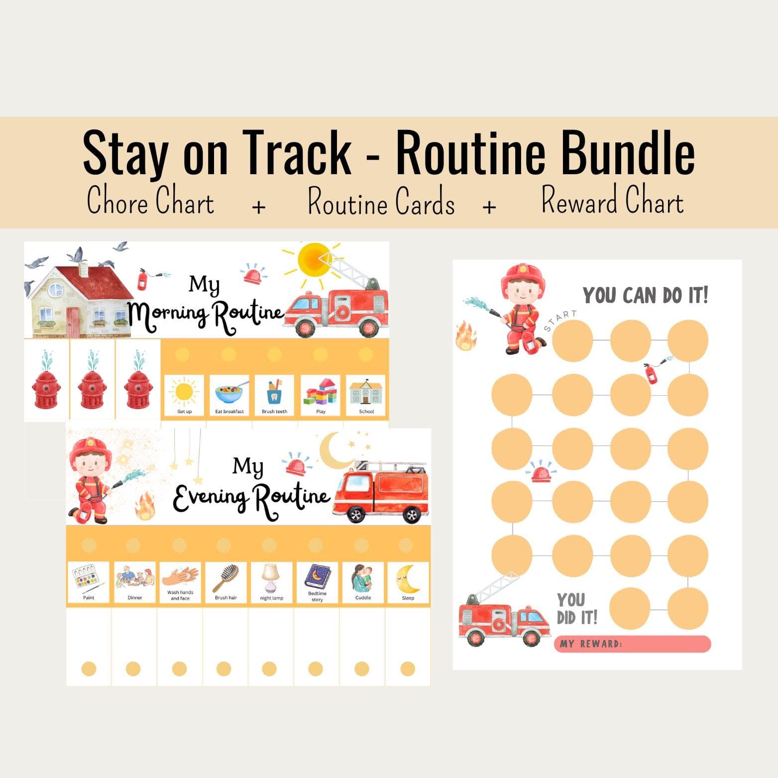 Firefighter Chore Chart for Kids – Printable Routine & Reward Chart for Toddlers, Morning and Evening Schedule, Fire Truck daily schedule