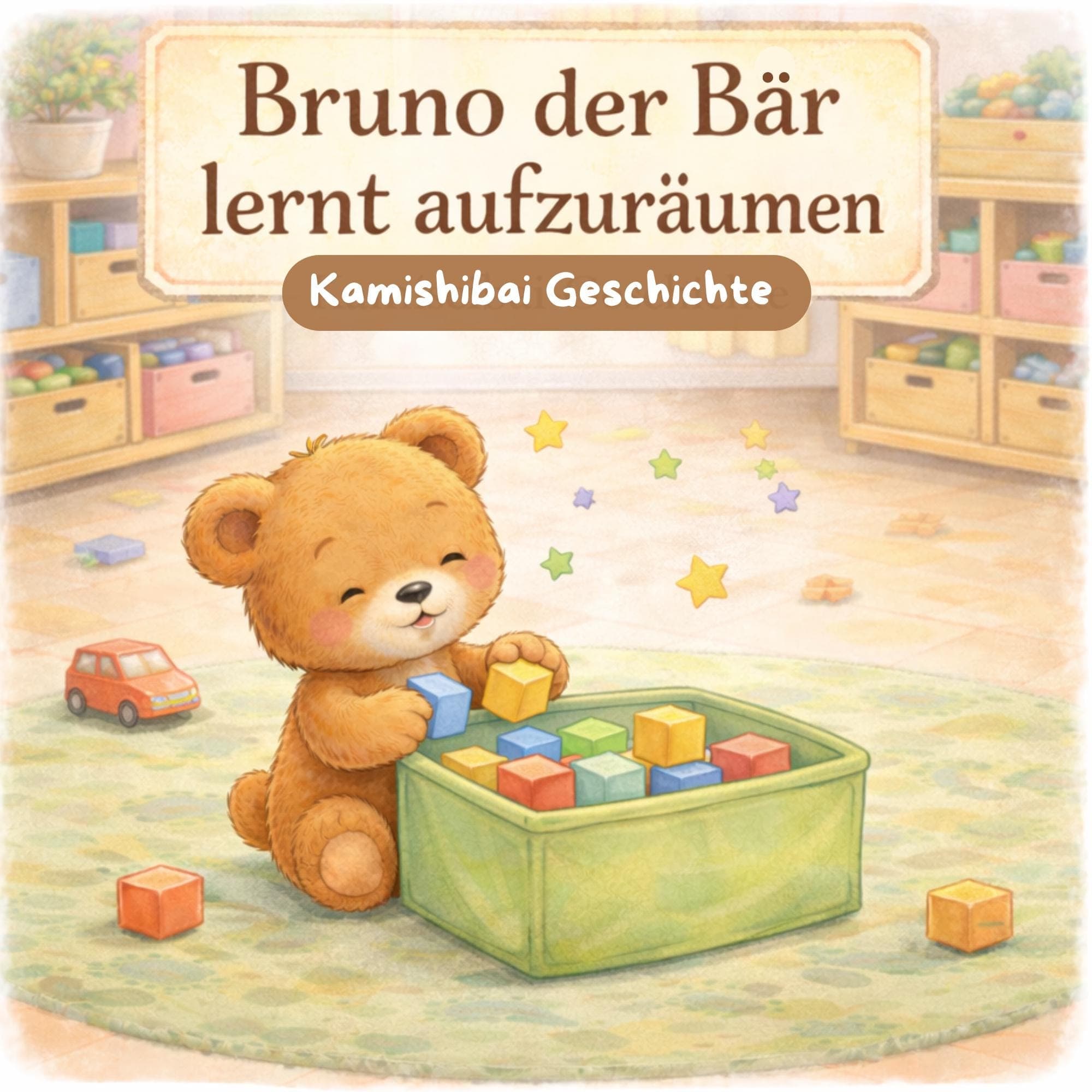 Kamishibai Geschichte Kindergarten – Bruno der Bär lernt aufzuräumen | Bildkarten & Erzähltext PDF | Kita Alltag Ordnung lernen