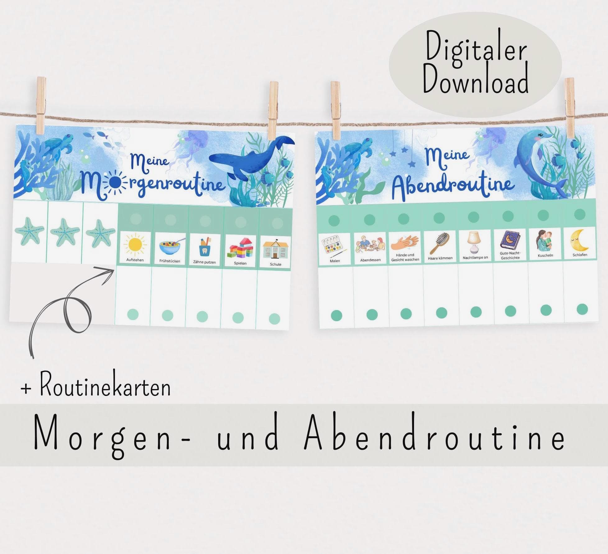 Morgen & Abendroutine für Kinder Meerestiere, Tagesplan für Kinder, Routineplan zum ausdrucken, Routineplan für Kinder Unterwasserwelt