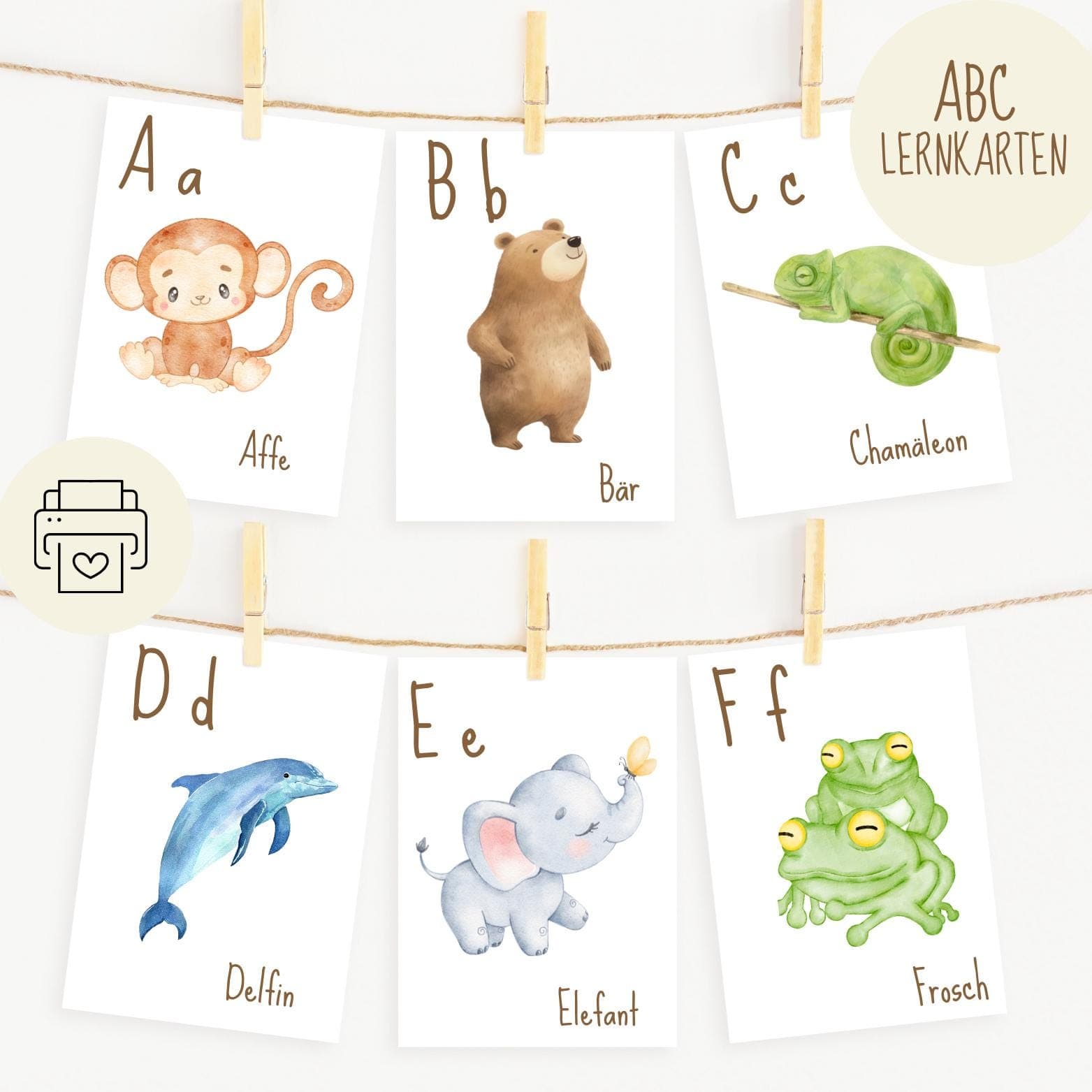 ABC Lernkarten Tiere, Wissenskarten, Lernmaterial für Kinder, Alphabet Karten