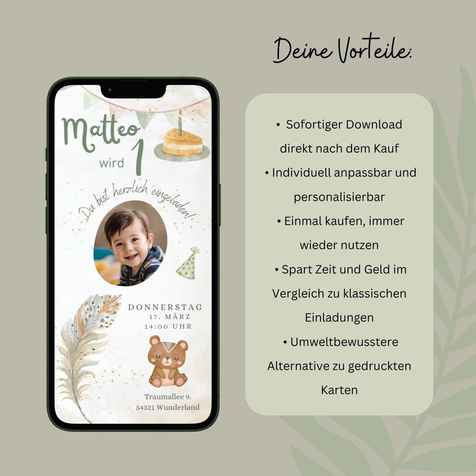 Digitale Einladung Kindergeburtstag, personalisierbare Einladung WhatsApp, Einladung Junge Boho, Geburtstagseinladung Handy, Vorlage Canva - image 3