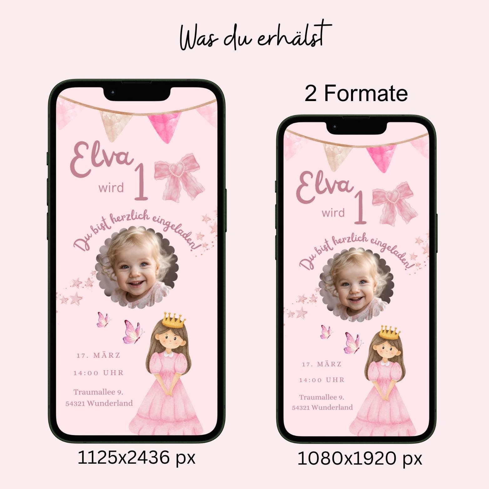 Digitale Einladung Kindergeburtstag Prinzessin, personalisierbare Einladung WhatsApp, Einladung Foto Mädchen, Geburtstagseinladung Handy - image 4