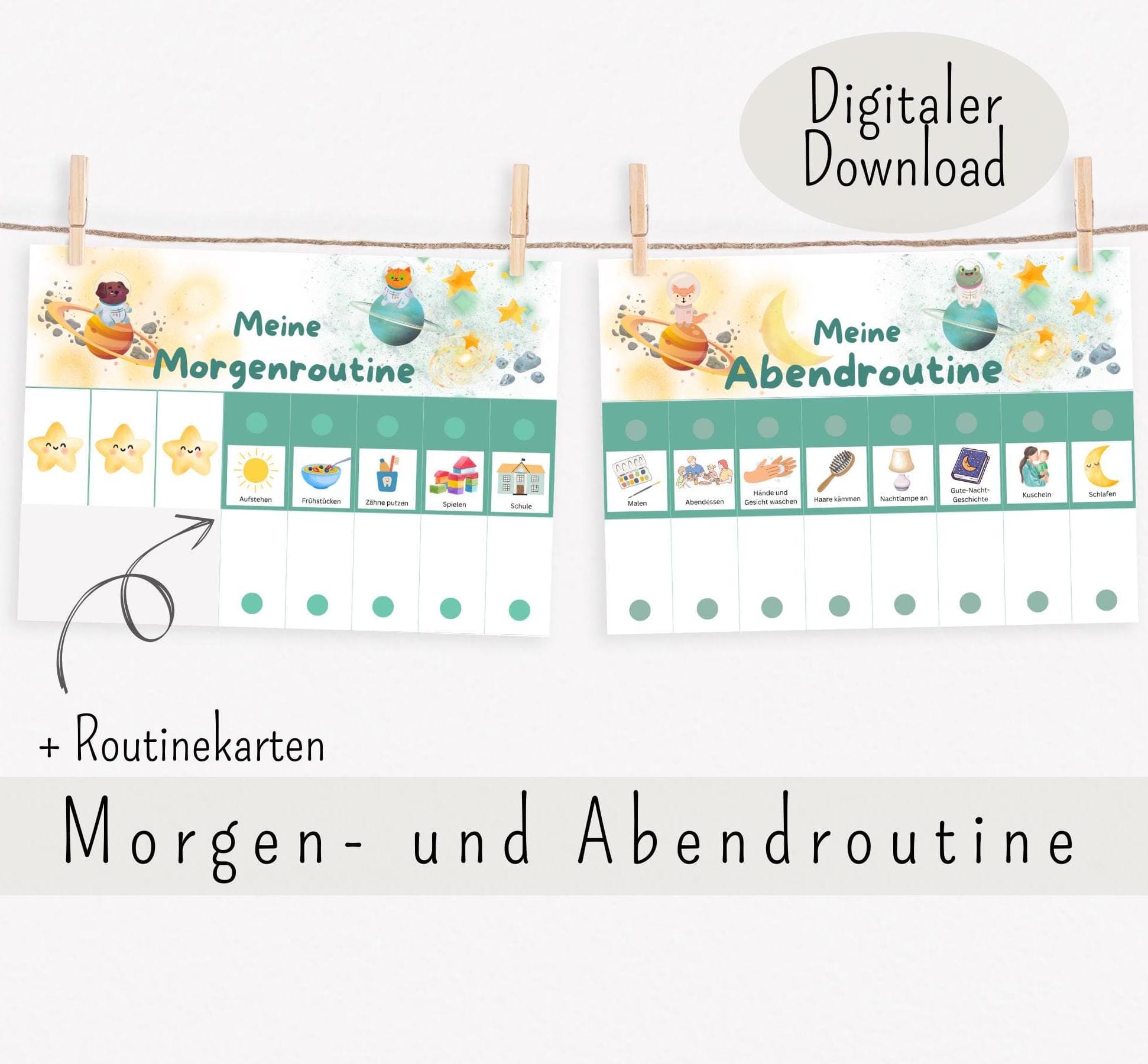 Routineplaner Kinder Planet, Morgenroutine und Abendroutine für Kinder, Montessori Kinder, Digitaler Planer, Routineplaner Weltraum