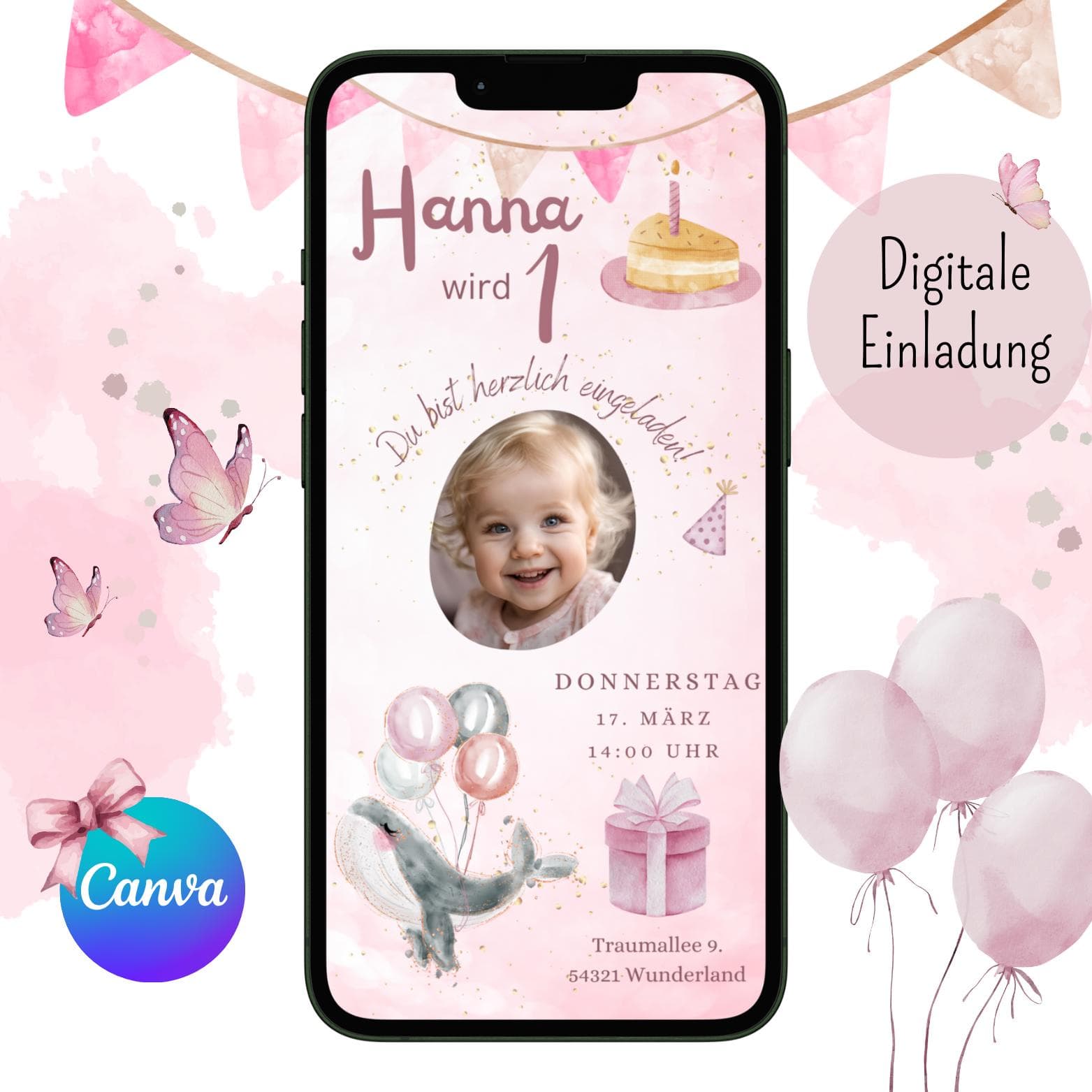 Digitale Einladung Kindergeburtstag, personalisierbare Einladung WhatsApp, Einladung Foto Mädchen, Geburtstagseinladung Handy, Vorlage Canva
