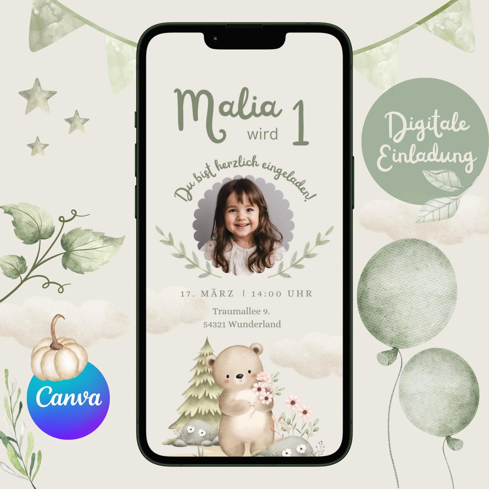 Digitale Einladung Kindergeburtstag Waldtiere, personalisierbare Einladung WhatsApp, Einladung Foto Mädchen, Geburtstagseinladung Handy