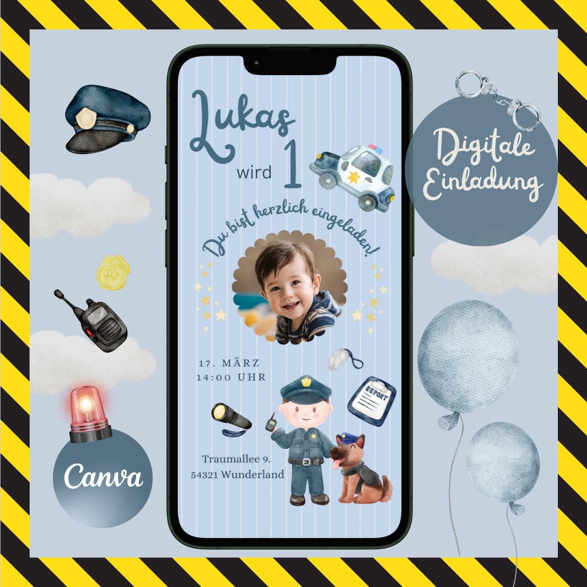 Digitale Einladung Polizei Kindergeburtstag, Ecard Einladung, WhatsApp Einladung Kinder, Geburtstag Junge, Einladung Handy