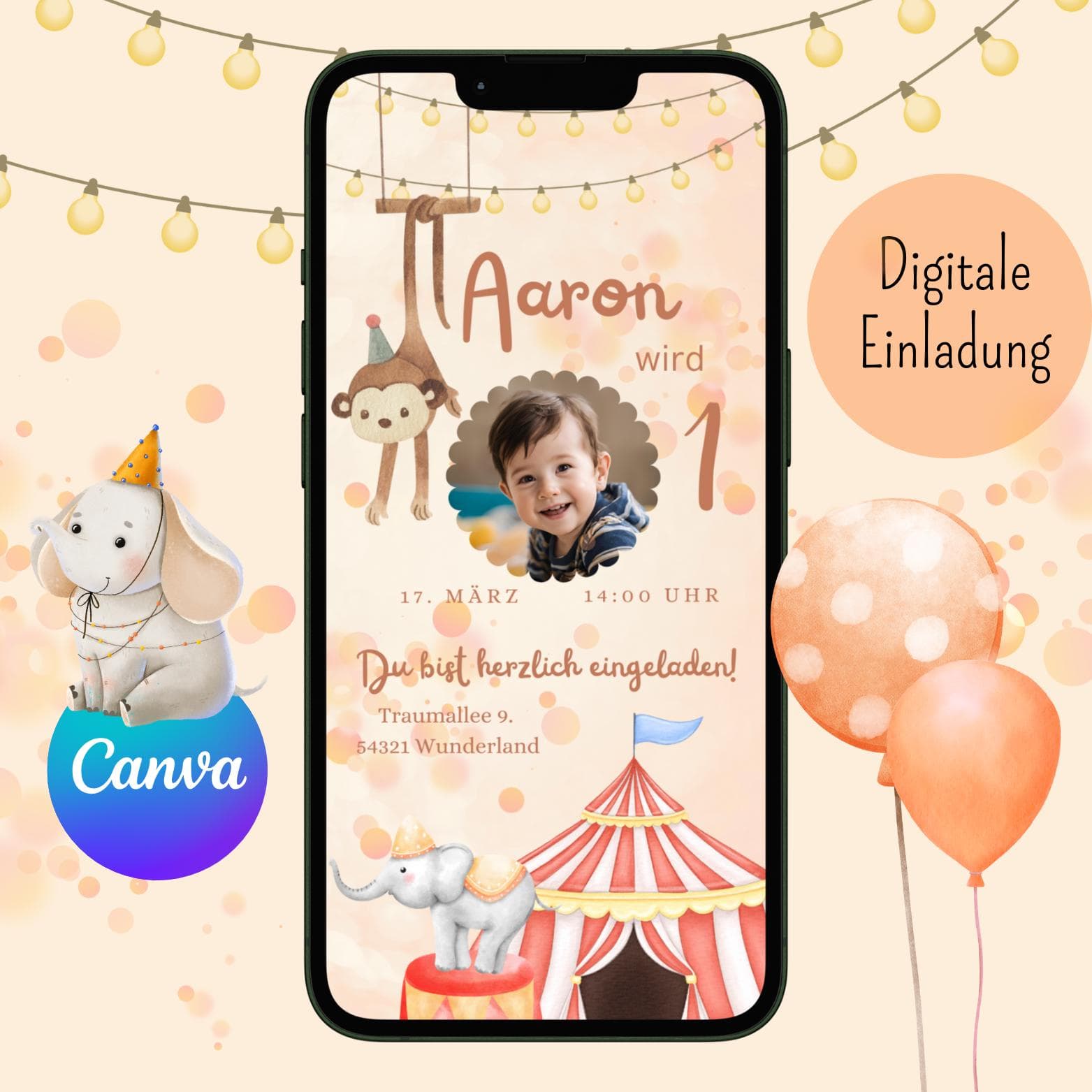 Digitale Einladung Kindergeburtstag Zirkus, personalisierbare Einladung WhatsApp, Geburtstag Junge, Geburtstagseinladung Handy