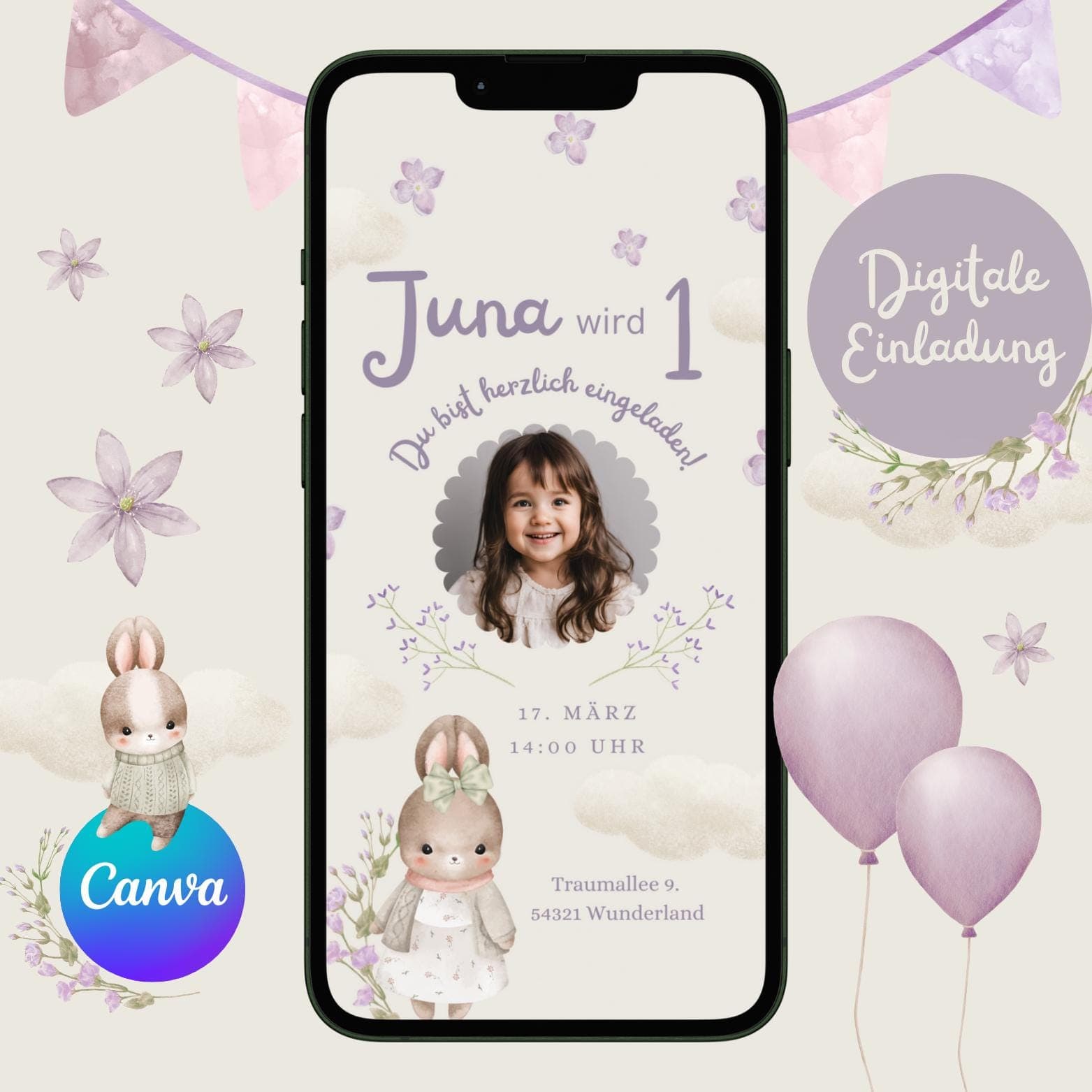 Digitale Einladung Kindergeburtstag Kaninchen, personalisierbare Einladung WhatsApp, Einladung Foto Mädchen, Geburtstagseinladung Handy
