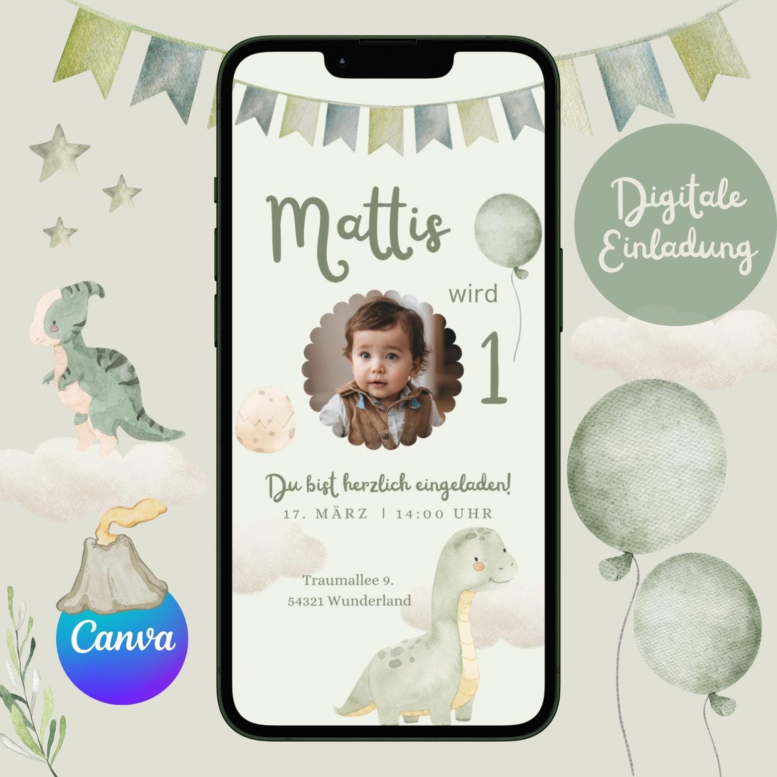 Dino Einladung Kindergeburtstag Junge – Digitale WhatsApp Einladung personalisierbar – Geburtstagseinladung Handy