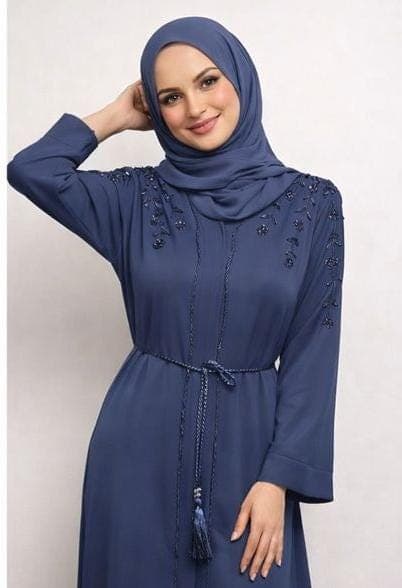 Blueberry Beaded Embroidered Abaya Kimono: Dubai Modest Fashion, Headscarf and Belt - image 4
