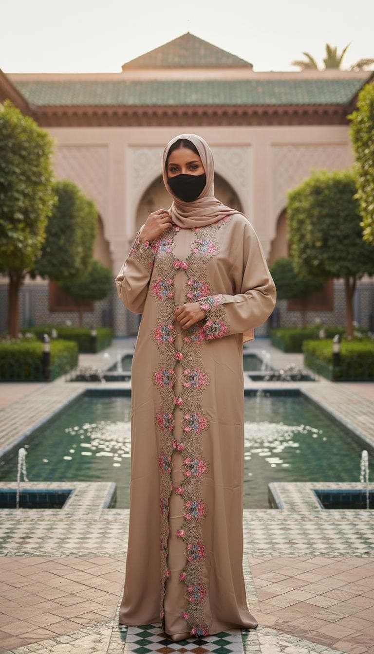 Beige Color Luxury Cut Work Lace Abaya Kimono: Dubai Modest Fashion, Headscarf and Belt