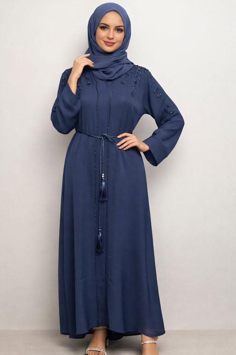 Blueberry Beaded Embroidered Abaya Kimono: Dubai Modest Fashion, Headscarf and Belt