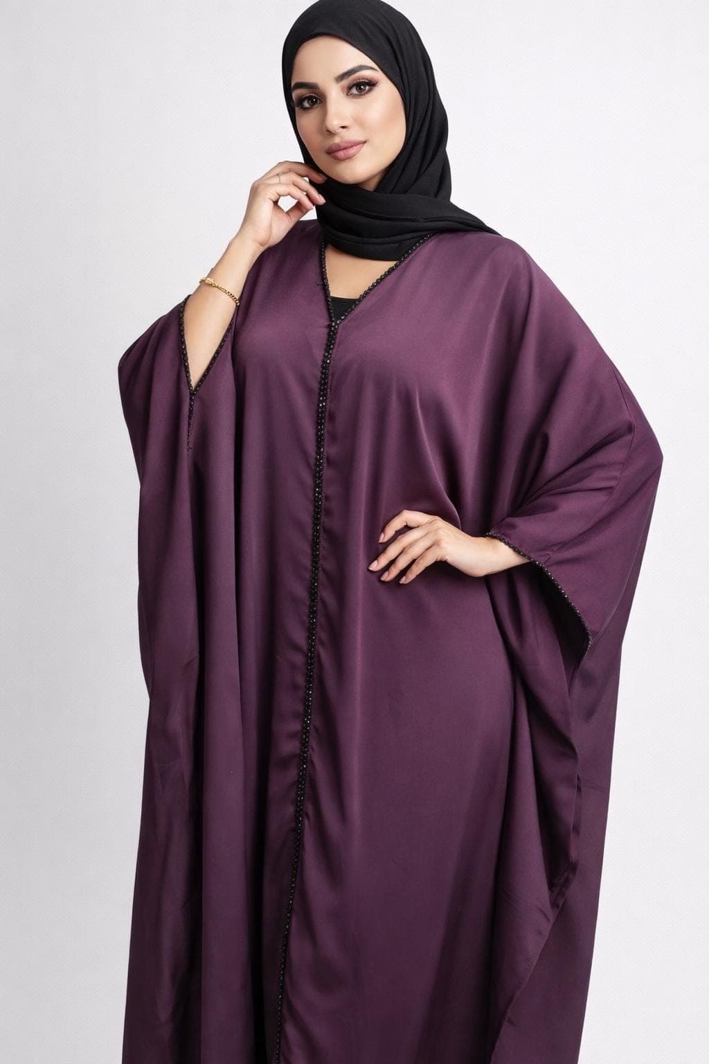 Dark Purple Beaded Nidah Abaya Kimono: Dubai Modest Fashion - image 3