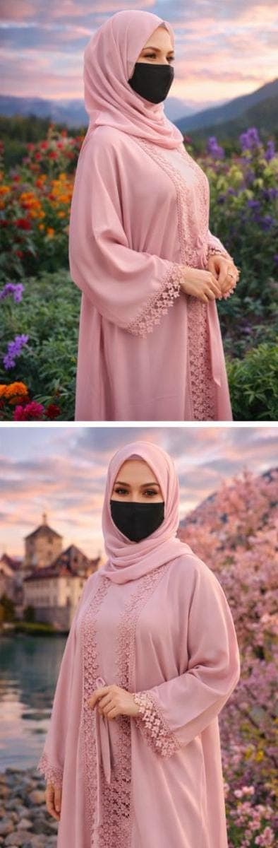 Pink Color Luxury Cut Work Lace Abaya Kimono: Dubai Modest Fashion, Headscarf and Belt - image 4