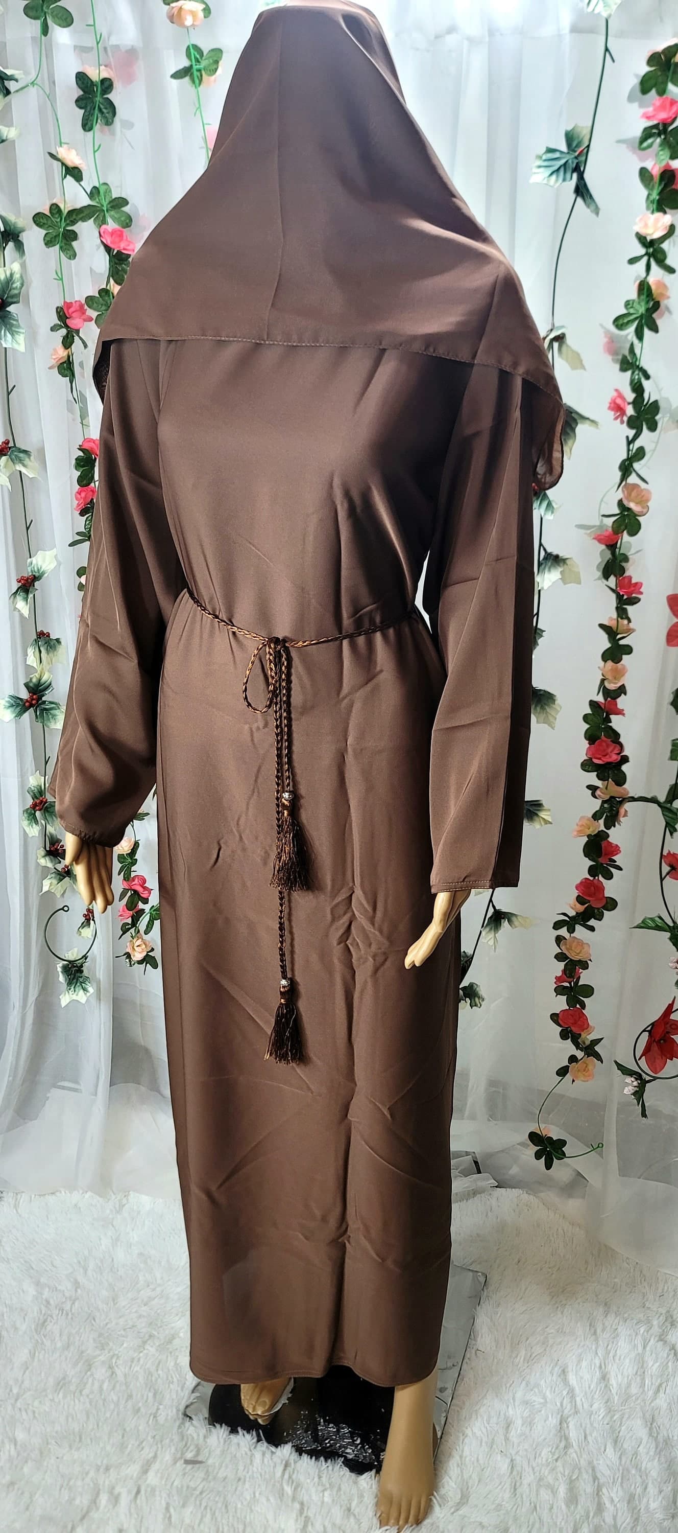 Brown Abaya Kimono: Modest Dubai Fashion Dress with Headscarf & Belt