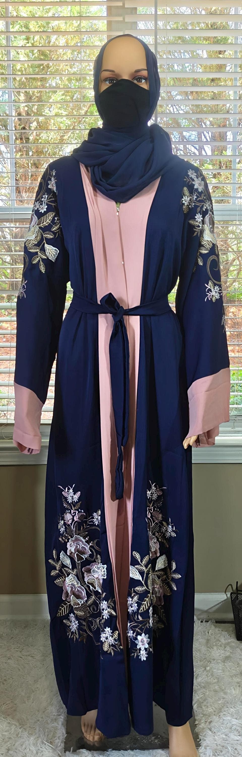 Embroidered Abaya Kimono: Navy Blue Modest Fashion Dress, Headscarf & Belt - image 4