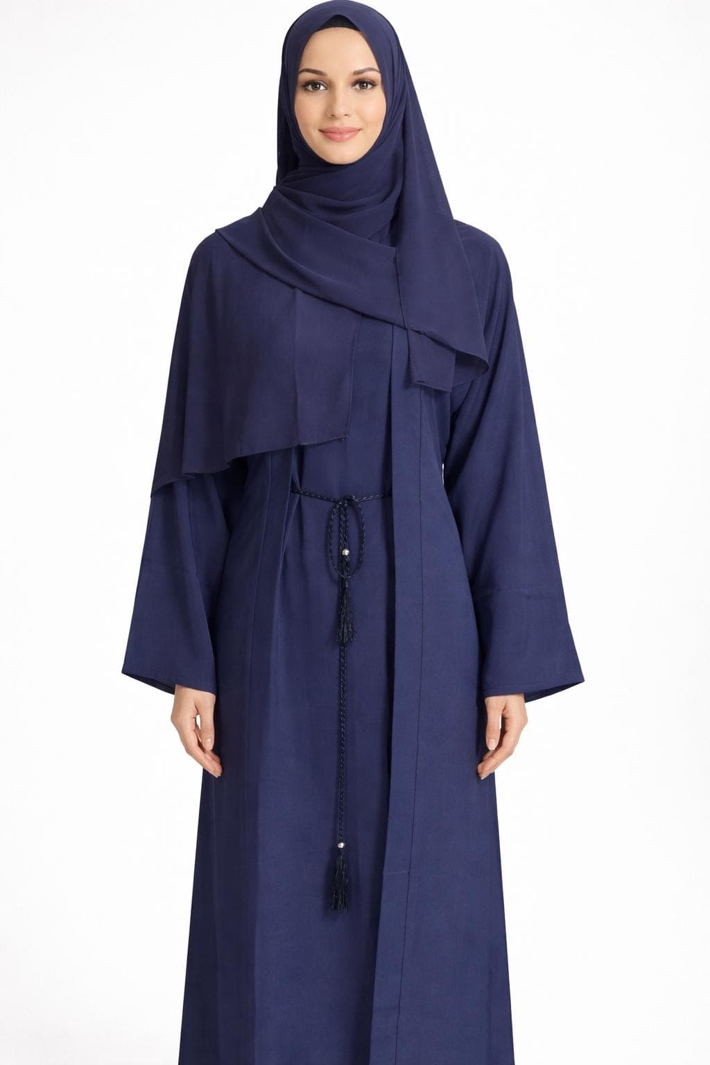 Blue Plain Abaya: Modest Dubai Fashion Kimono with Headscarf, Belt & Pockets