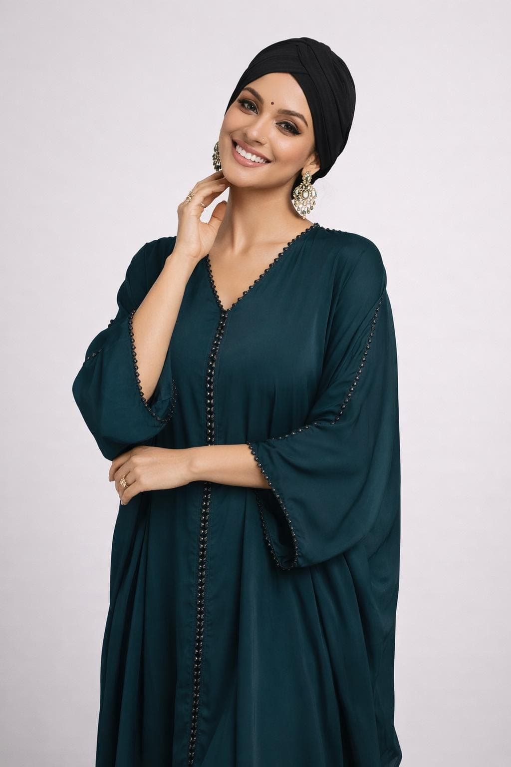 Dark Teal Color Beaded Nidah Abaya Kimono: Dubai Modest Fashion - image 3