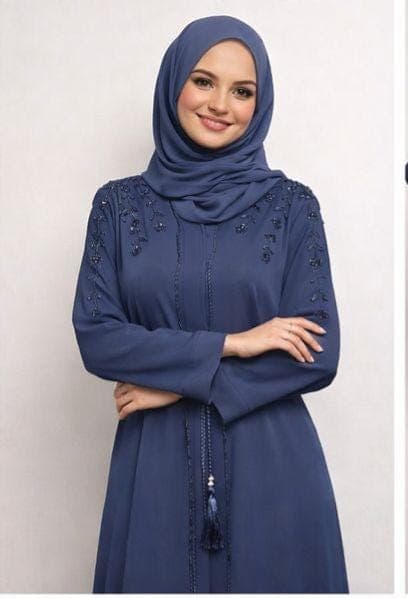 Blueberry Beaded Embroidered Abaya Kimono: Dubai Modest Fashion, Headscarf and Belt - image 5