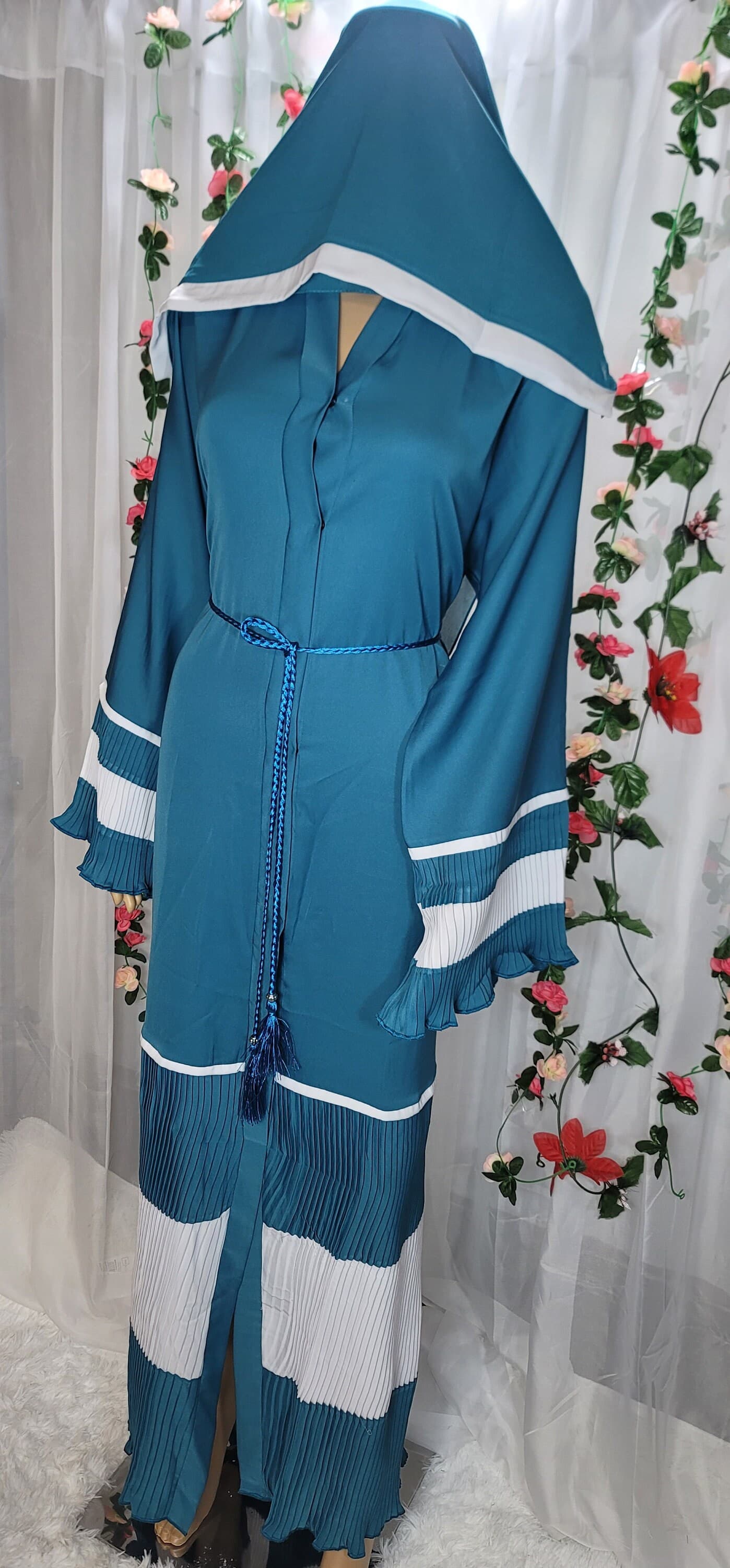 Teal Pleated Abaya Kimono with Headscarf & Belt - image 4