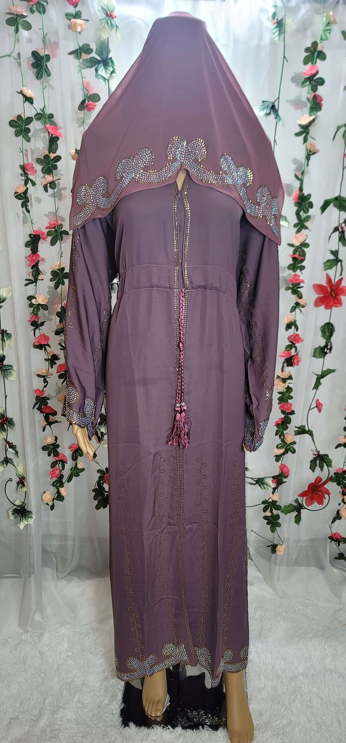 Lavender Rhinestone Abaya with Headscarf & Belt - image 5