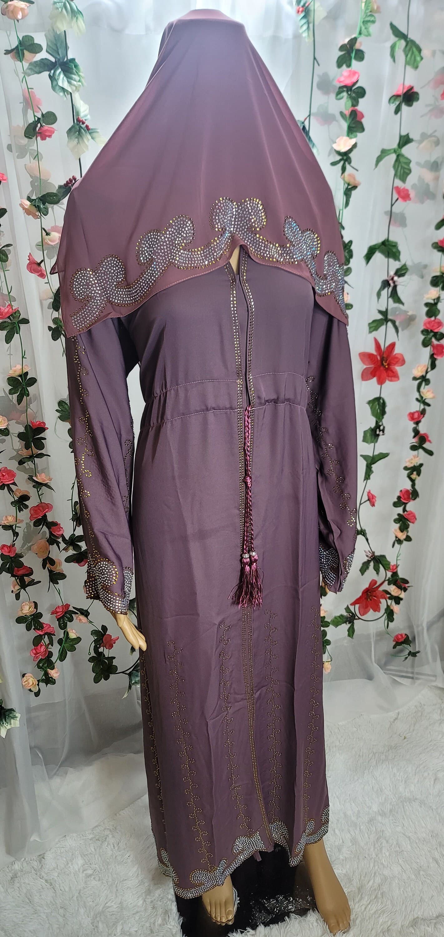 Lavender Rhinestone Abaya with Headscarf & Belt - image 3