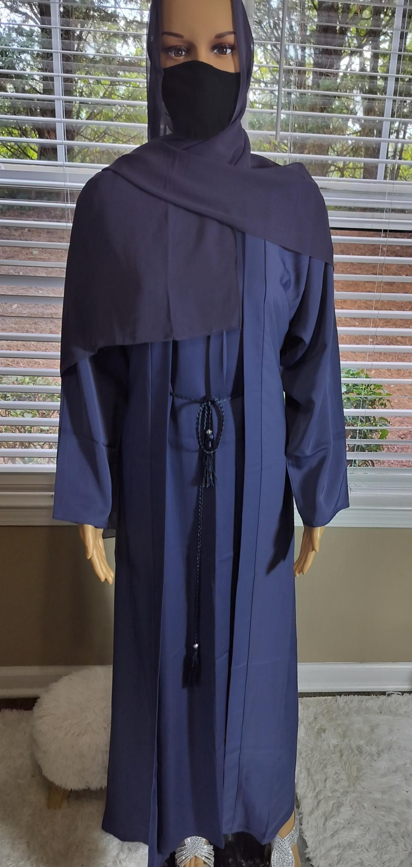 Blue Plain Abaya: Modest Dubai Fashion Kimono with Headscarf, Belt & Pockets - image 5