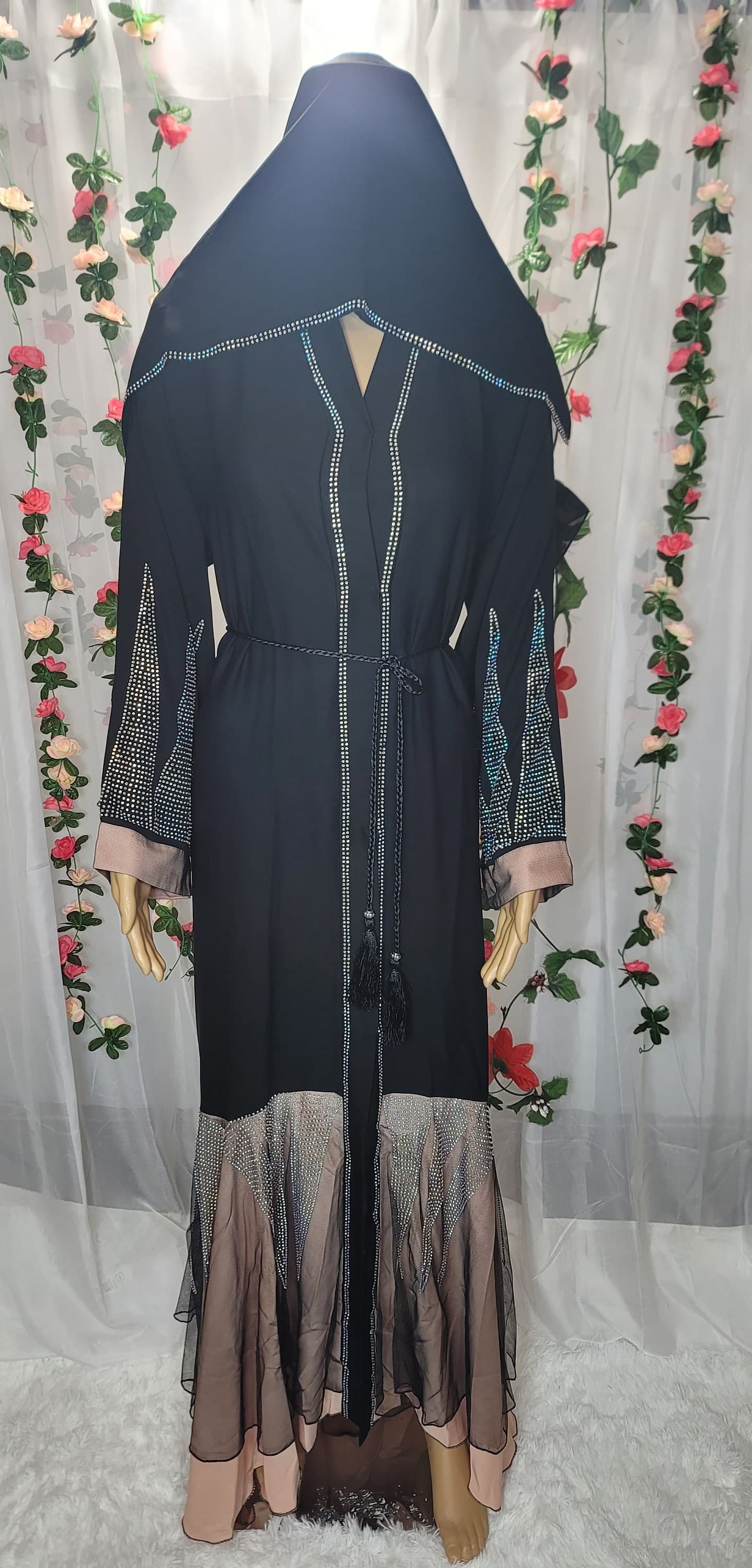 Rhinestone Black Abaya: Dubai Modest Fashion Kimono with Headscarf & Belt