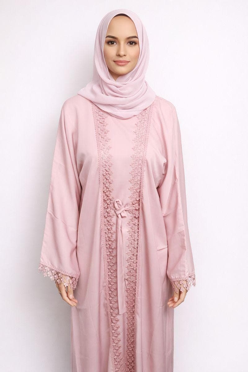 Pink Color Luxury Cut Work Lace Abaya Kimono: Dubai Modest Fashion, Headscarf and Belt