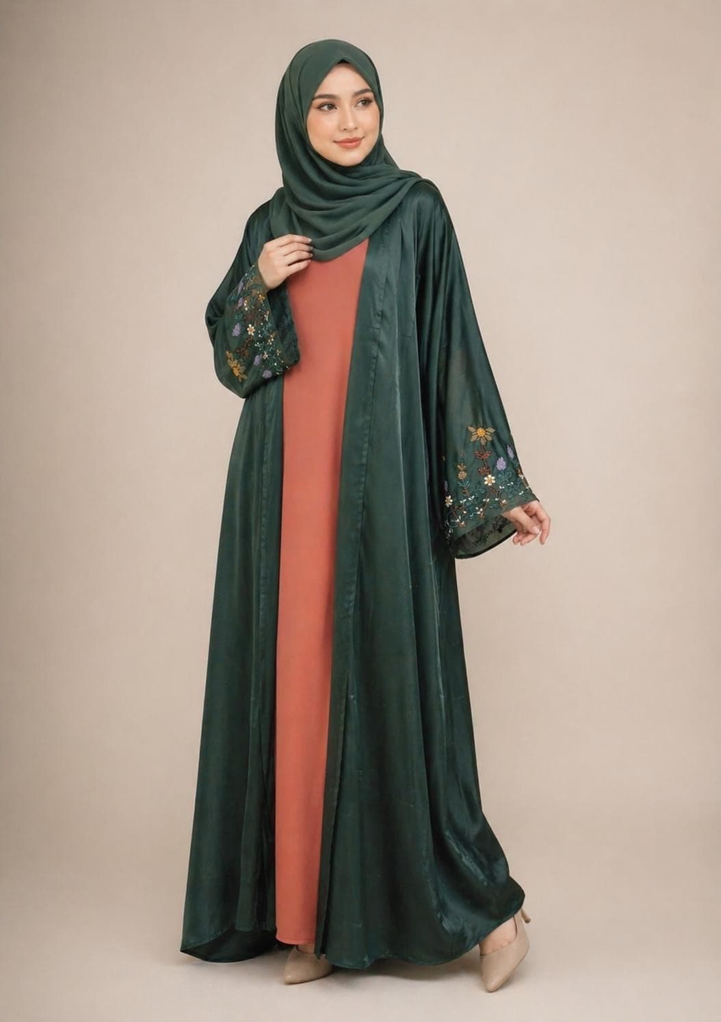 Luxury Dubai Nida Abaya Set with Hand Embroidery – Elegant Modest Wear (Green & Rust) - image 4