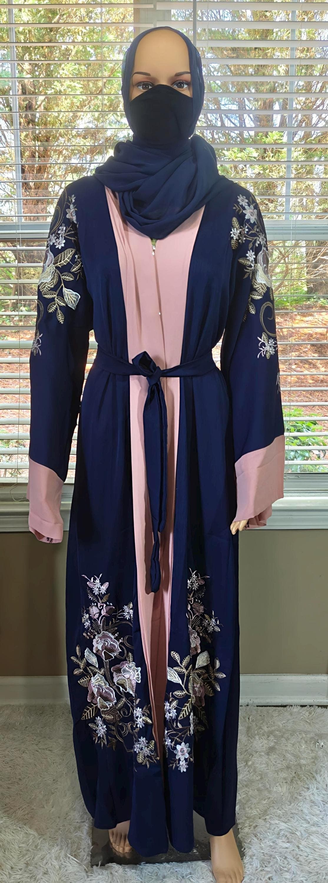 Embroidered Abaya Kimono: Navy Blue Modest Fashion Dress, Headscarf & Belt - image 5
