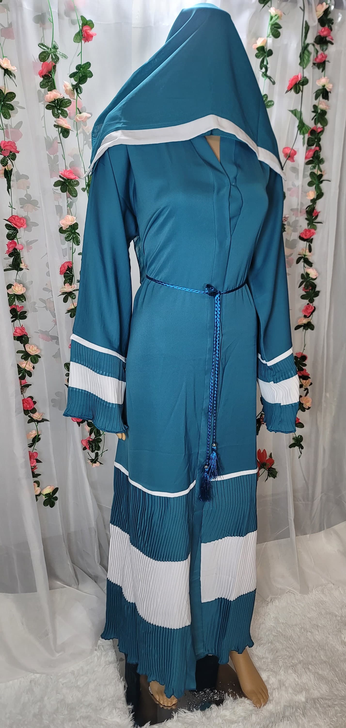 Teal Pleated Abaya Kimono with Headscarf & Belt
