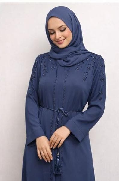 Blueberry Beaded Embroidered Abaya Kimono: Dubai Modest Fashion, Headscarf and Belt - image 3