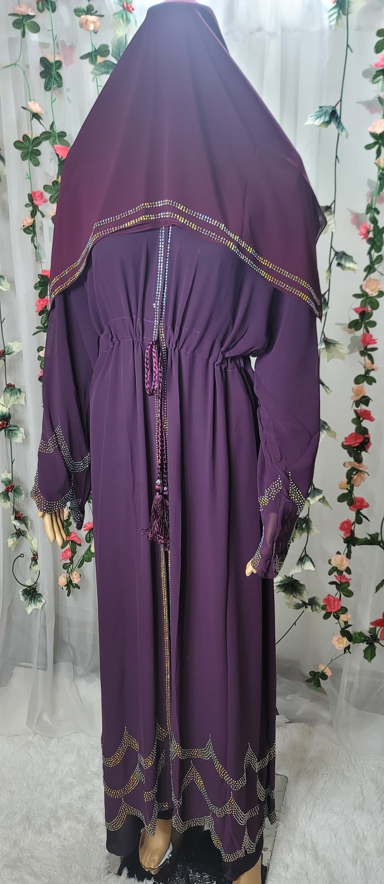 Purple Rhinestone Abaya with Headscarf & Belt - image 4