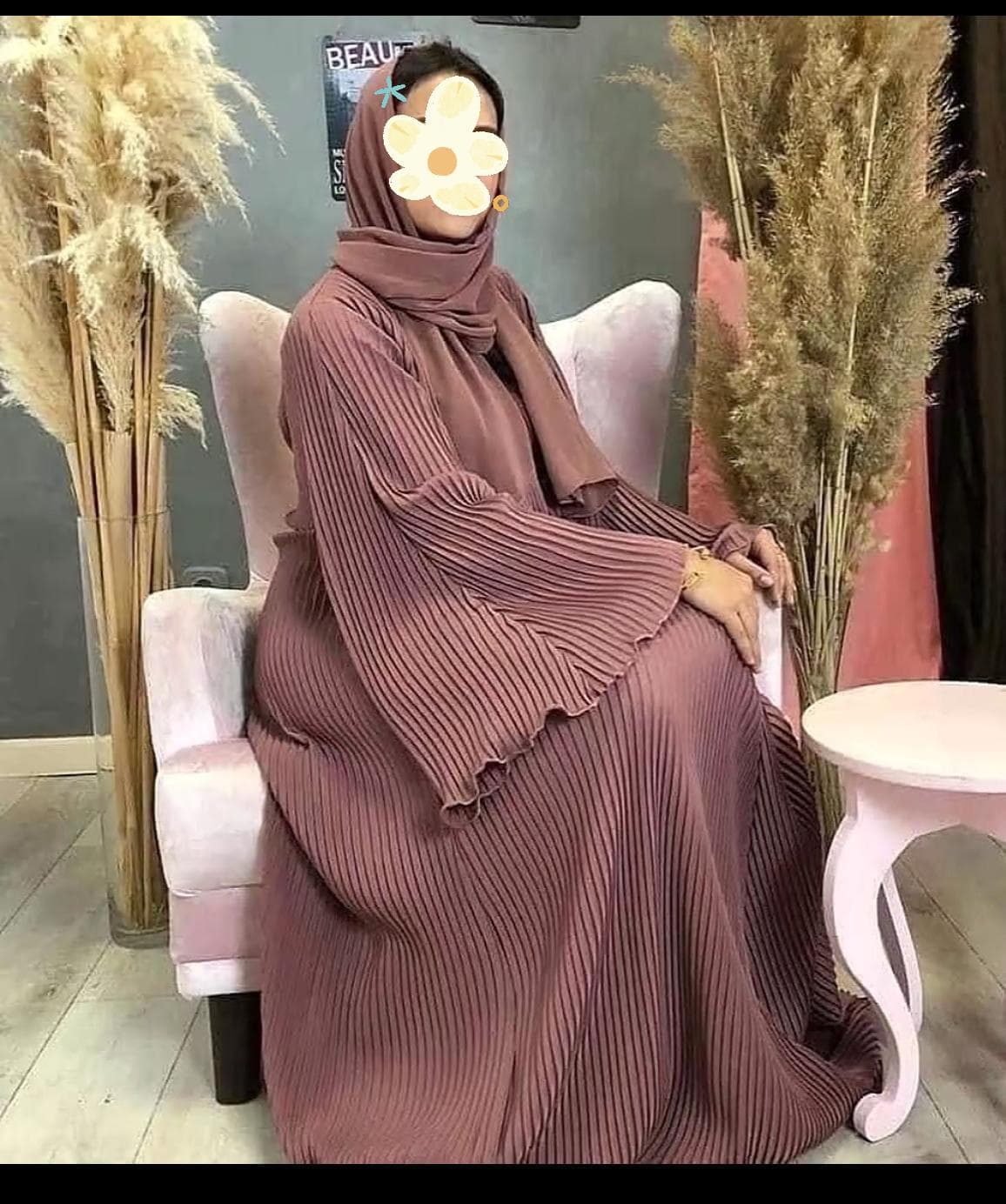 Pleated Rum Raisin Abaya, Kimono Dress with Headscarf and Belt
