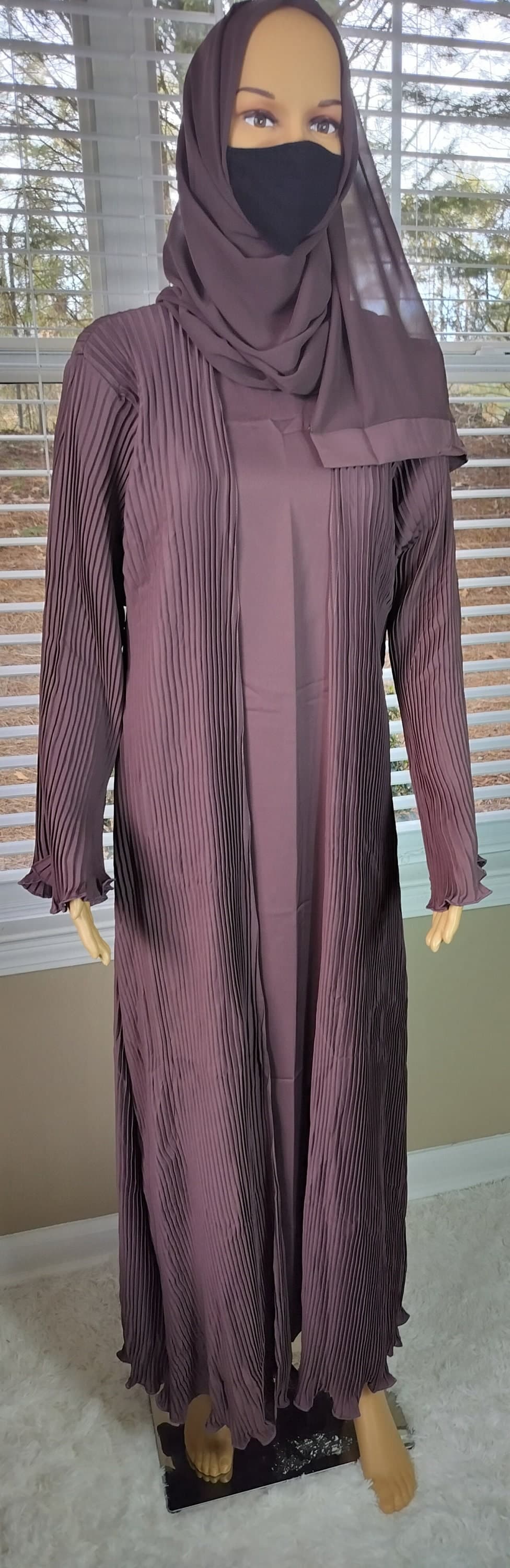 Pleated Rum Raisin Abaya, Kimono Dress with Headscarf and Belt - image 4