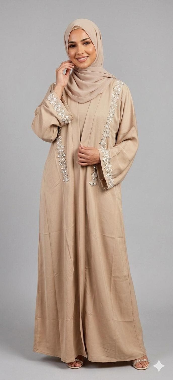 Elegant Beige Beaded Abaya – Modest Luxury Open Front Abaya with Hand Embellished Details - image 3