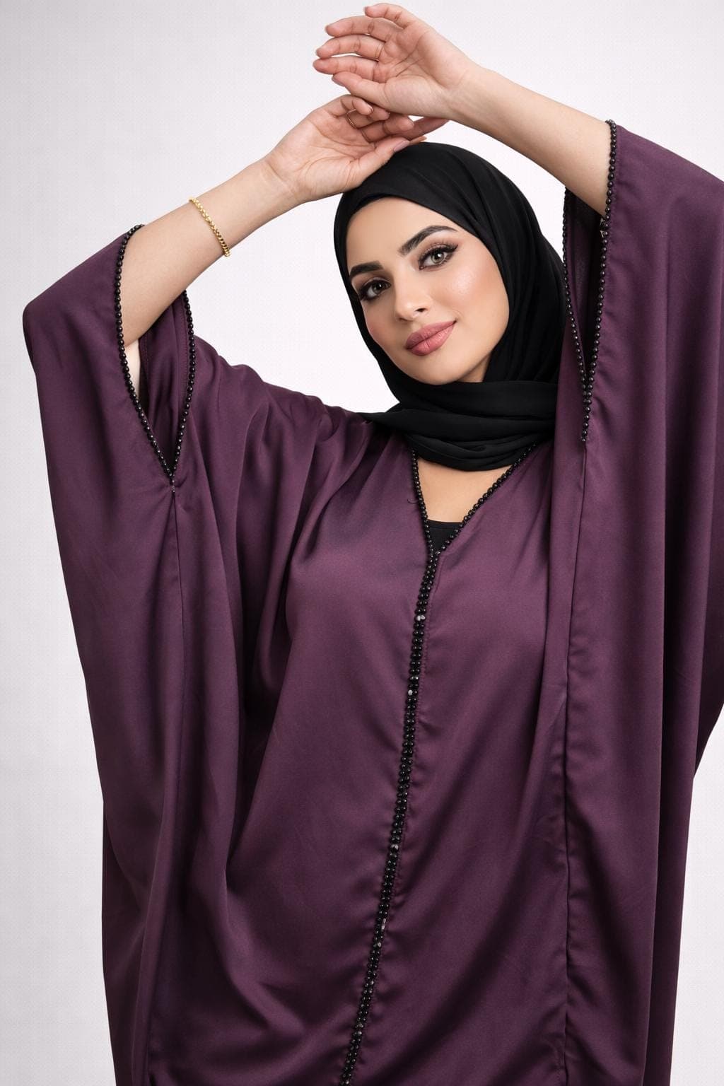 Dark Purple Beaded Nidah Abaya Kimono: Dubai Modest Fashion - image 4
