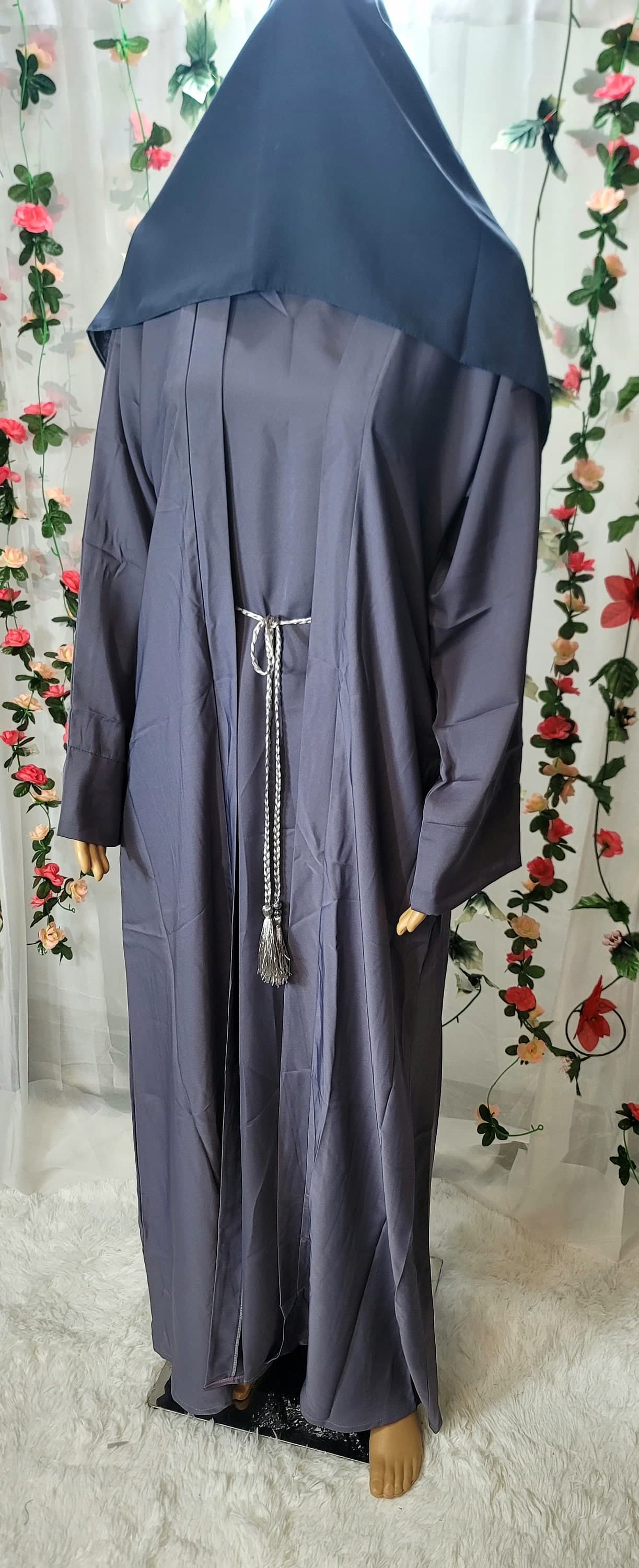 Gray Abaya 4-Piece Set, Nida Fabric, Kimono with Headscarf and Belt - image 3