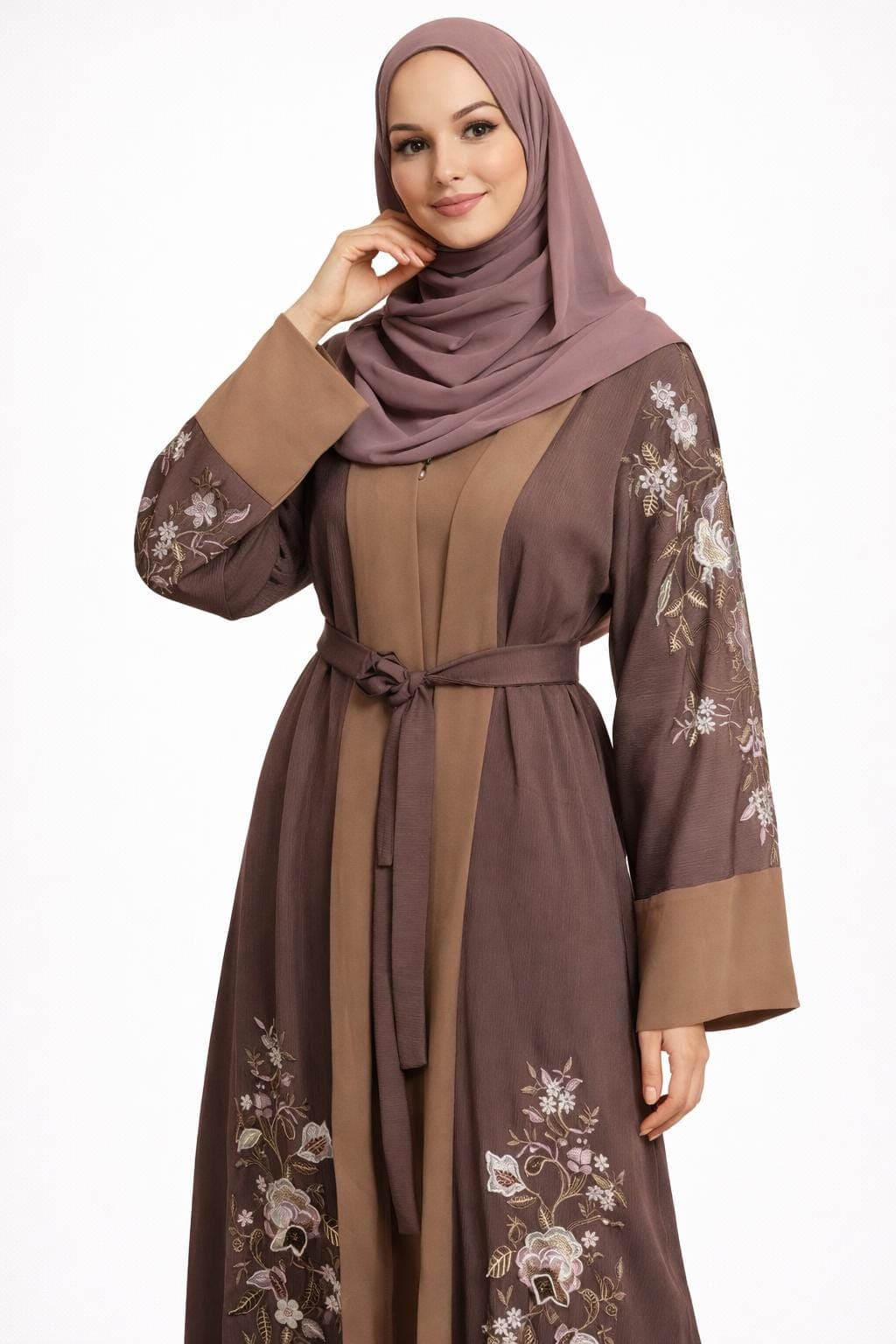 Embroidered Abaya Kimono: Modest Fashion Dress with Headscarf & Belt
