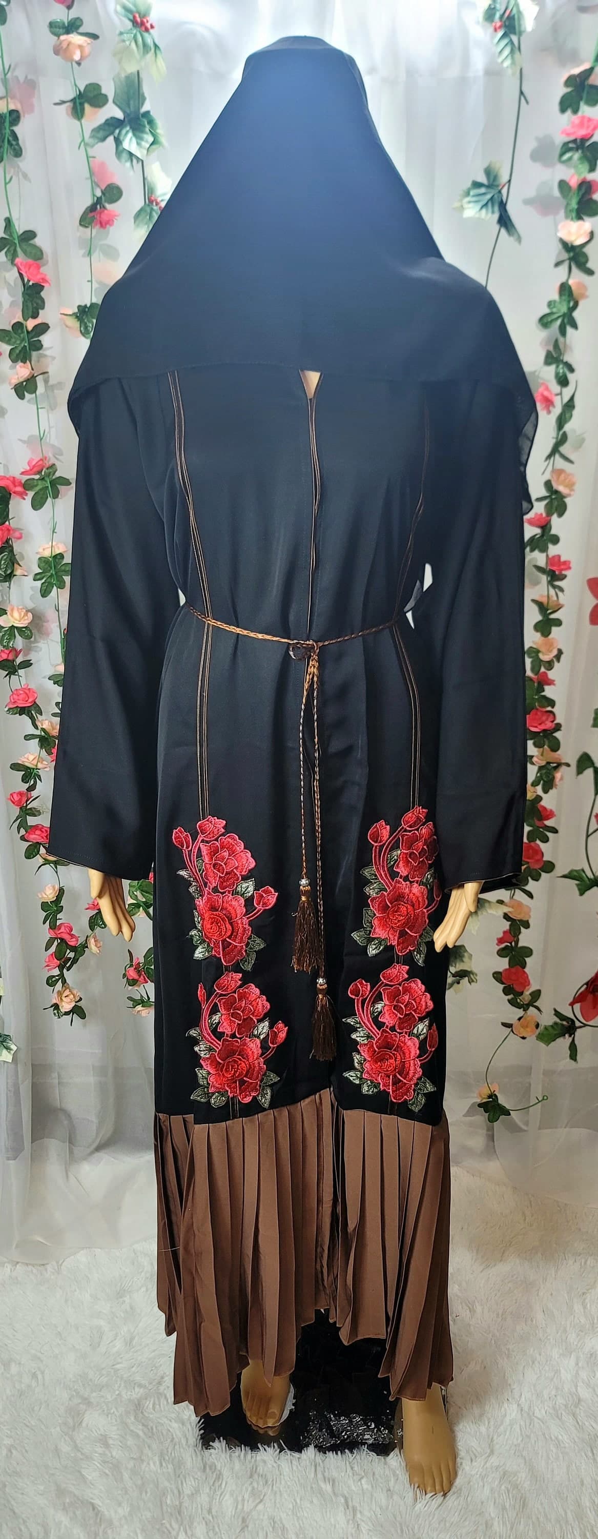 Embroidered Black Abaya: Modest Kimono Dress with Headscarf & Belt