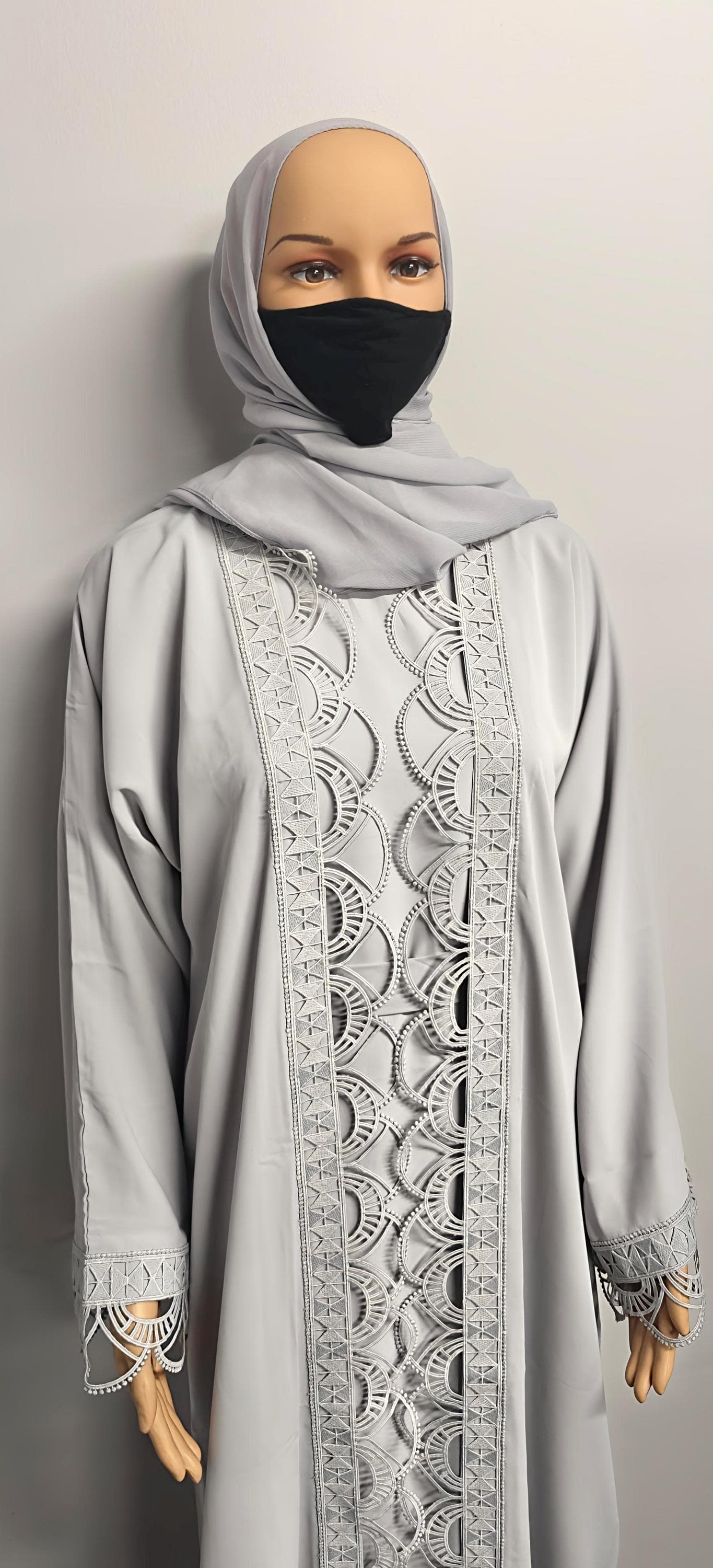Gray Color Luxury Cut Work Lace Abaya Kimono: Dubai Modest Fashion, Headscarf and Belt - image 5