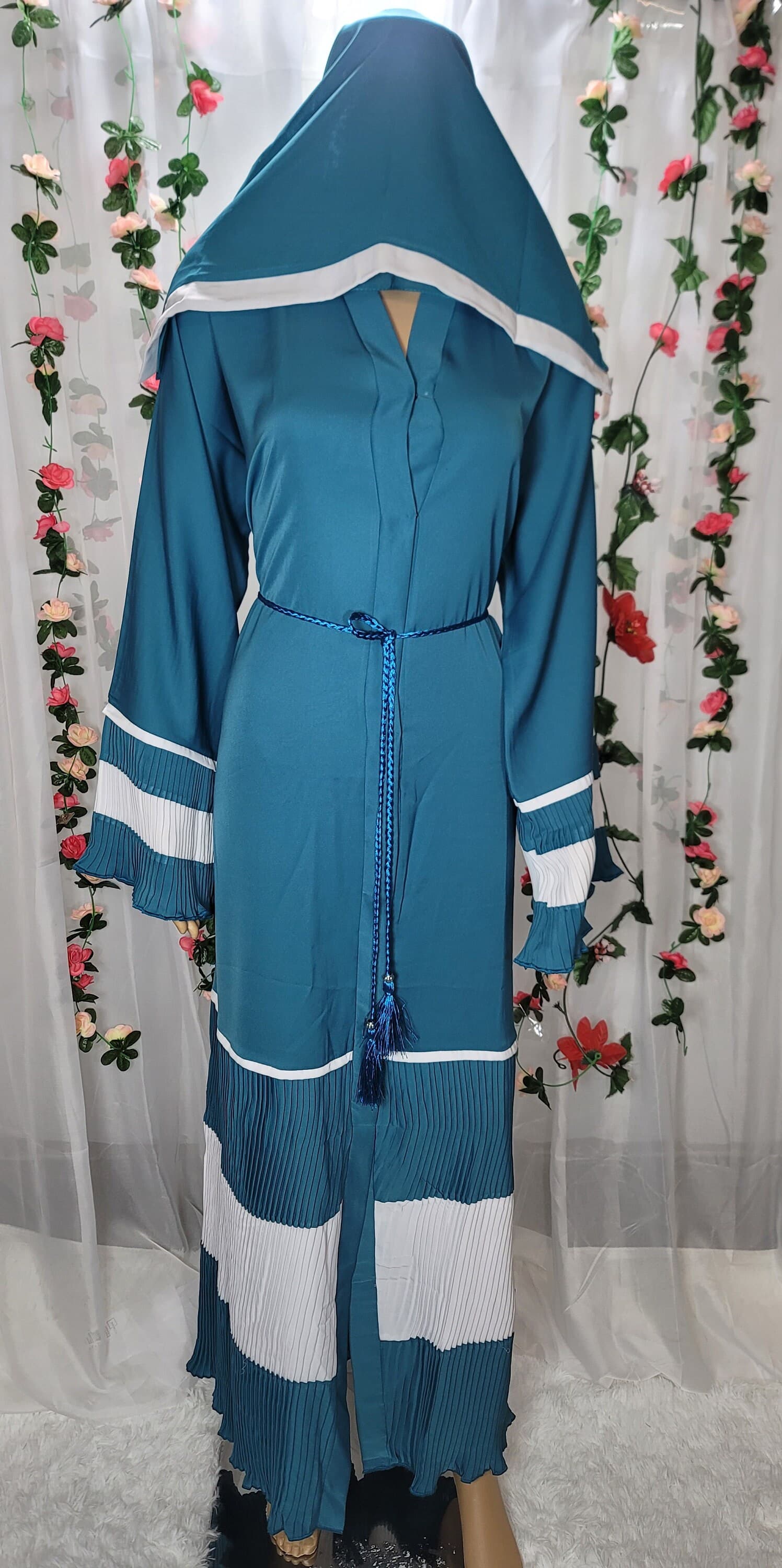 Teal Pleated Abaya Kimono with Headscarf & Belt - image 3