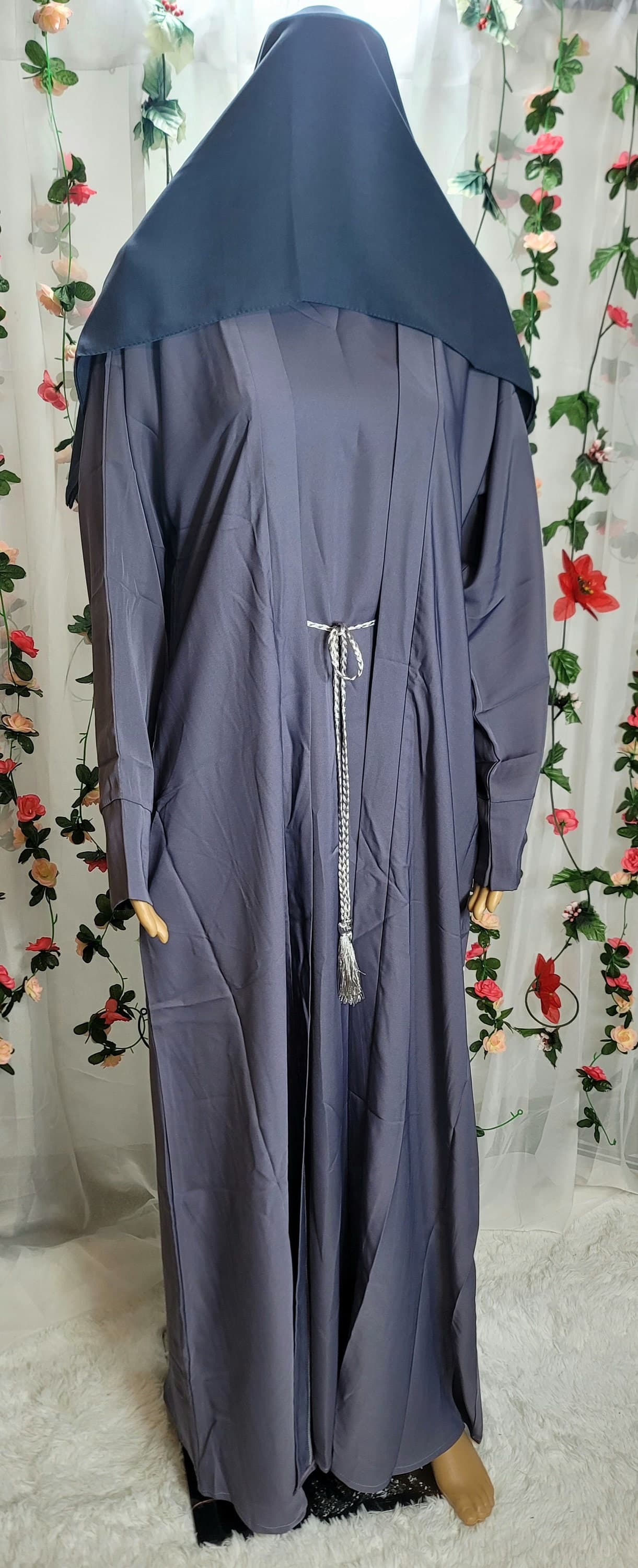 Gray Abaya 4-Piece Set, Nida Fabric, Kimono with Headscarf and Belt - image 4