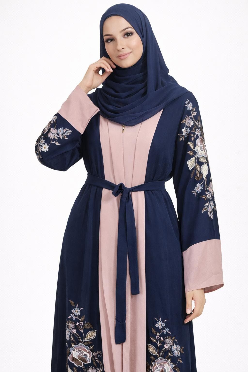 Embroidered Abaya Kimono: Navy Blue Modest Fashion Dress, Headscarf & Belt
