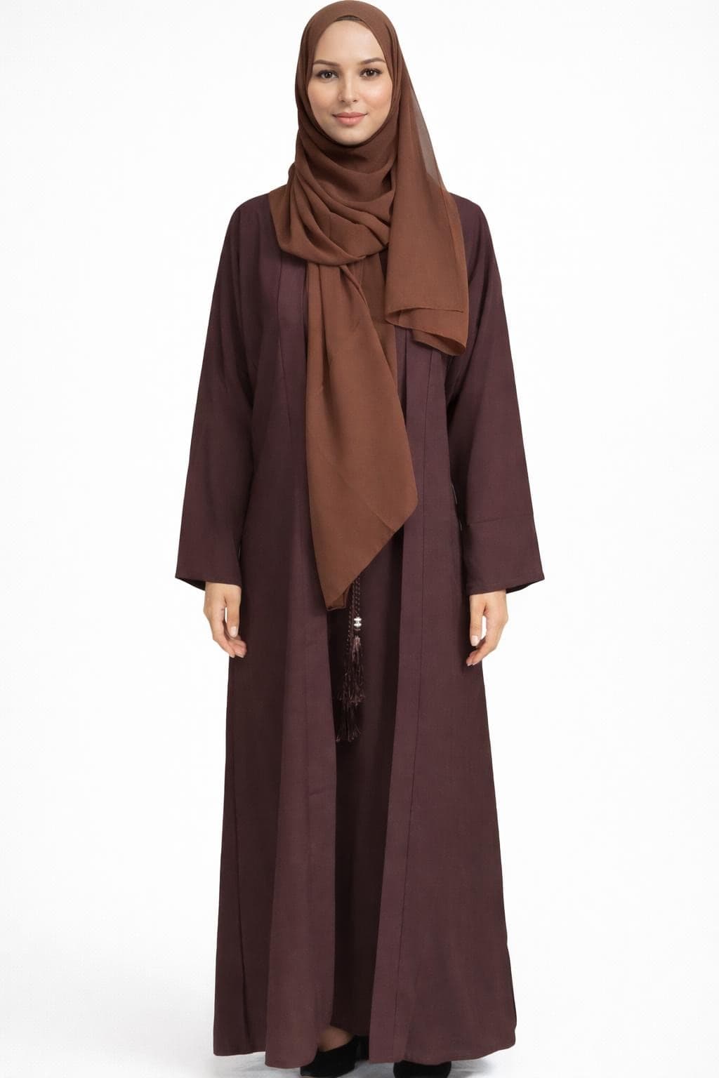 Plain Nidah Abaya 4ps Set: Modest Kimono Dress with Headscarf & Belt