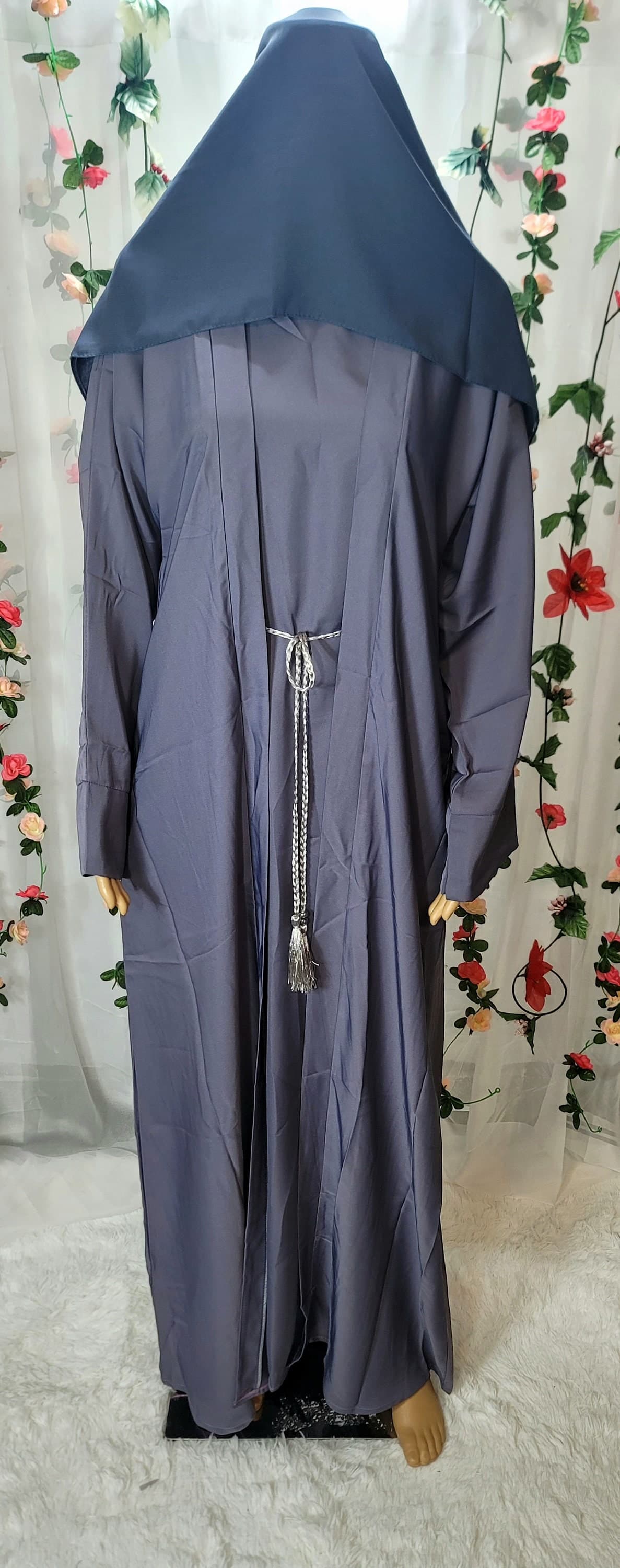 Gray Abaya 4-Piece Set, Nida Fabric, Kimono with Headscarf and Belt